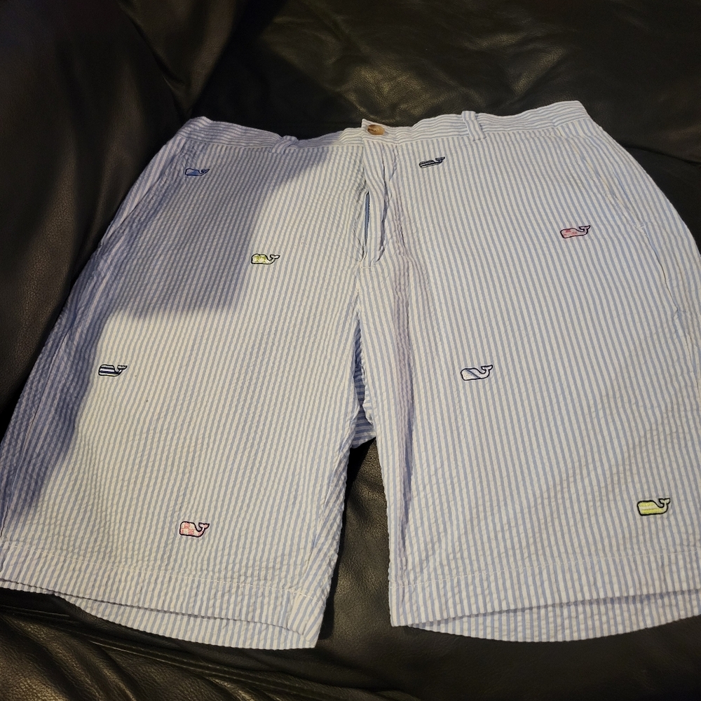 Vineyard Vines Light Blue Striped Shorts with Embroidered Whales
